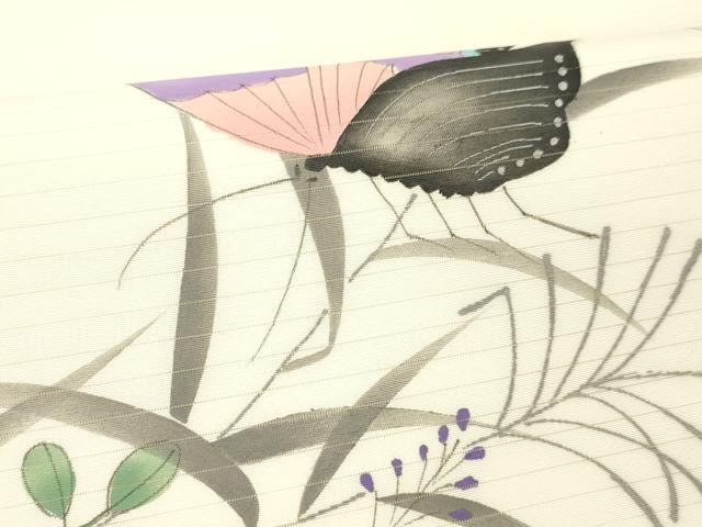 平和屋着物＊夏物 九寸開き名古屋帯 手描き 舞蝶草葉文 DABC8866cm