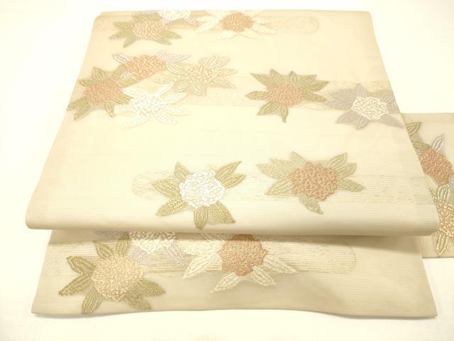 平和屋着物＊夏物 九寸名古屋帯 唐織 草花文 金糸 正絹 逸品 DABC8871cm