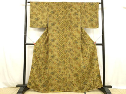 平和屋着物■上質な小紋　花絵皿文　鬼しぼ縮緬　正絹　逸品　未使用　DABC8879cm