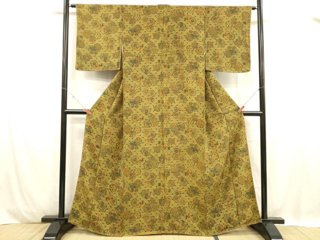 平和屋着物■上質な小紋　花絵皿文　鬼しぼ縮緬　正絹　逸品　未使用　DABC8879cm