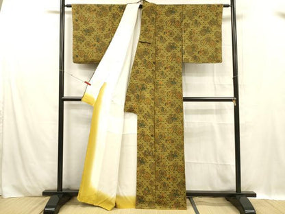 平和屋着物■上質な小紋　花絵皿文　鬼しぼ縮緬　正絹　逸品　未使用　DABC8879cm