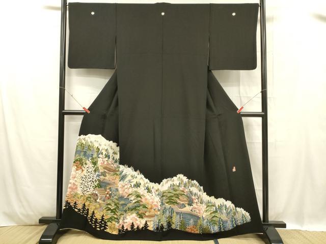 平和屋着物■豪華黒留袖　友禅　作家物　雪将　風景草花文　正絹　逸品　DABC8900cm