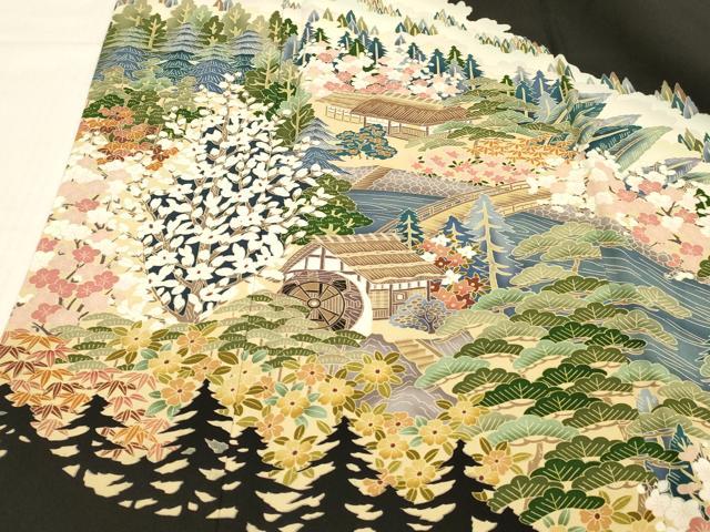 平和屋着物■豪華黒留袖　友禅　作家物　雪将　風景草花文　正絹　逸品　DABC8900cm