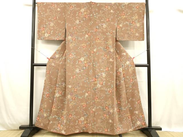平和屋着物■上質な小紋 草花文 鬼しぼ縮緬 正絹 逸品 DABC8902cm