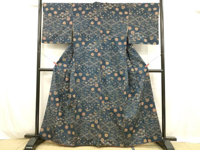 平和屋着物■上質な紬　笹の葉花文　正絹　逸品　DABC8907cm