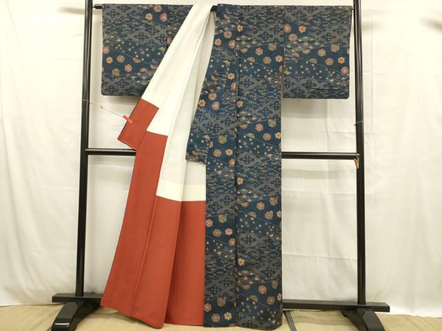 平和屋着物■上質な紬　笹の葉花文　正絹　逸品　DABC8907cm
