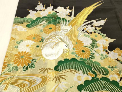 平和屋着物■豪華黒留袖　刺繍　花鳥文　松竹梅　金銀彩　正絹　逸品　DABC8908cm
