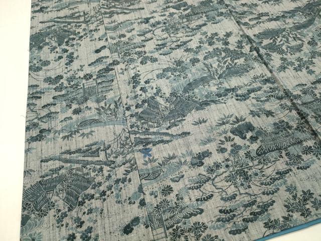 平和屋着物■上質な紬　風景草花文　正絹　逸品　DABC8909cm