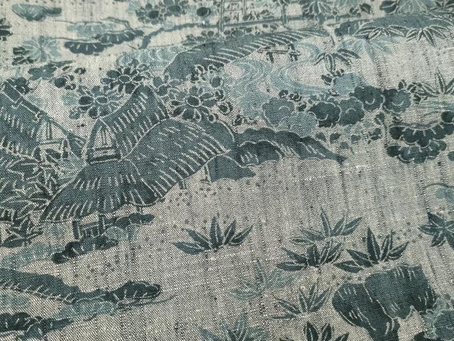 平和屋着物■上質な紬　風景草花文　正絹　逸品　DABC8909cm