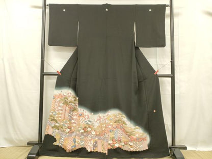 平和屋着物■豪華黒留袖　作家物　駒刺繍　草花文　松竹梅　暈し染め　金彩　正絹　逸品　DABC8910cm