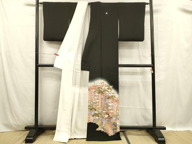 平和屋着物■豪華黒留袖　作家物　駒刺繍　草花文　松竹梅　暈し染め　金彩　正絹　逸品　DABC8910cm