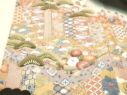 平和屋着物■豪華黒留袖　作家物　駒刺繍　草花文　松竹梅　暈し染め　金彩　正絹　逸品　DABC8910cm