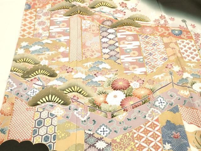 平和屋着物■豪華黒留袖　作家物　駒刺繍　草花文　松竹梅　暈し染め　金彩　正絹　逸品　DABC8910cm