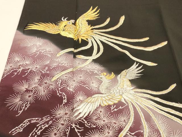平和屋着物■豪華黒留袖　刺繍　鳳凰松文　暈し染め　金銀糸　正絹　逸品　DABC8912cm
