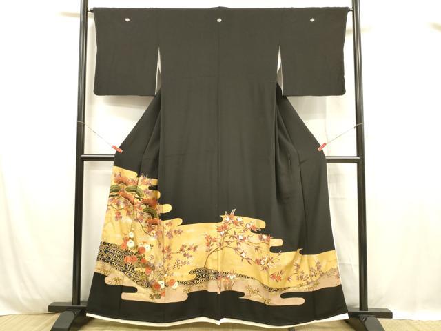 平和屋着物■豪華黒留袖　駒刺繍　流水花松文　金銀糸　正絹　逸品　DABC8914cm