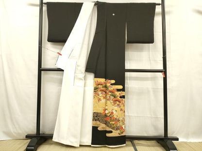 平和屋着物■豪華黒留袖　駒刺繍　流水花松文　金銀糸　正絹　逸品　DABC8914cm