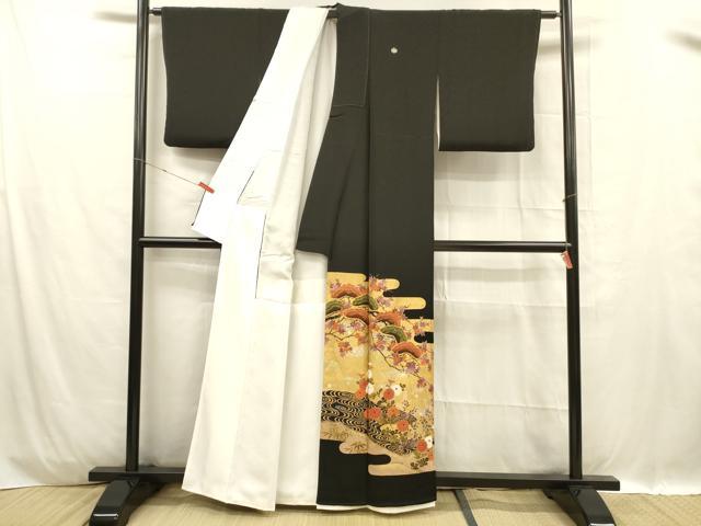 平和屋着物■豪華黒留袖　駒刺繍　流水花松文　金銀糸　正絹　逸品　DABC8914cm