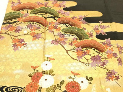 平和屋着物■豪華黒留袖　駒刺繍　流水花松文　金銀糸　正絹　逸品　DABC8914cm