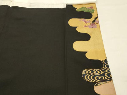 平和屋着物■豪華黒留袖　駒刺繍　流水花松文　金銀糸　正絹　逸品　DABC8914cm