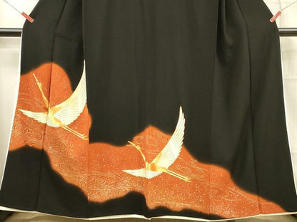 平和屋着物■豪華黒留袖　駒刺繍　流水飛鶴文　暈し染め　金銀彩　正絹　逸品　DABC8916cm