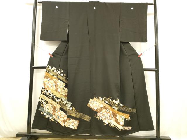 平和屋着物■豪華黒留袖　駒刺繍　草花文　金彩　正絹　逸品　DABC8918cm