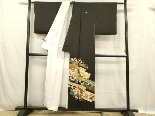 平和屋着物■豪華黒留袖　駒刺繍　草花文　金彩　正絹　逸品　DABC8918cm
