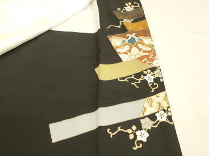 平和屋着物■豪華黒留袖　駒刺繍　草花文　金彩　正絹　逸品　DABC8918cm