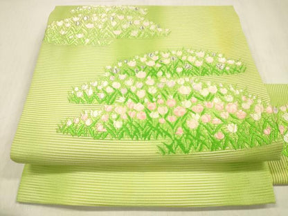 平和屋着物＊夏物 九寸名古屋帯 唐織 チューリップ 銀糸 正絹 逸品 DABC8924cm