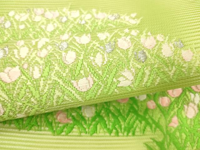 平和屋着物＊夏物 九寸名古屋帯 唐織 チューリップ 銀糸 正絹 逸品 DABC8924cm