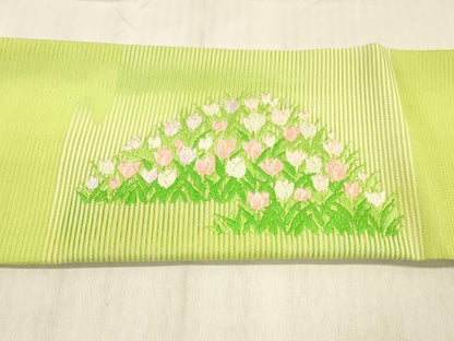 平和屋着物＊夏物 九寸名古屋帯 唐織 チューリップ 銀糸 正絹 逸品 DABC8924cm