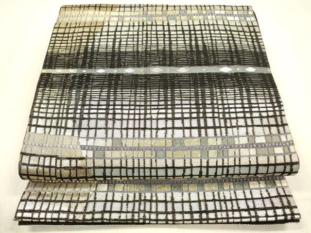 平和屋着物＊夏物 六通柄袋帯 横段文 黒地 金銀糸 正絹 逸品 DABC8925cm