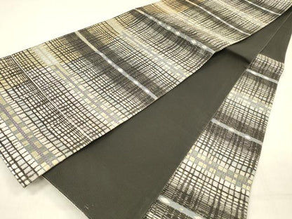 平和屋着物＊夏物 六通柄袋帯 横段文 黒地 金銀糸 正絹 逸品 DABC8925cm