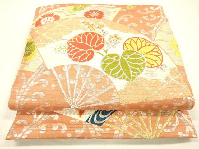 平和屋着物＊夏物 アンティーク 大正ロマン 丸帯 唐織 扇面草花文 金銀糸 正絹 逸品 DABC8940cm