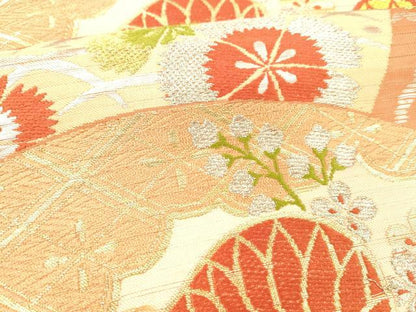 平和屋着物＊夏物 アンティーク 大正ロマン 丸帯 唐織 扇面草花文 金銀糸 正絹 逸品 DABC8940cm