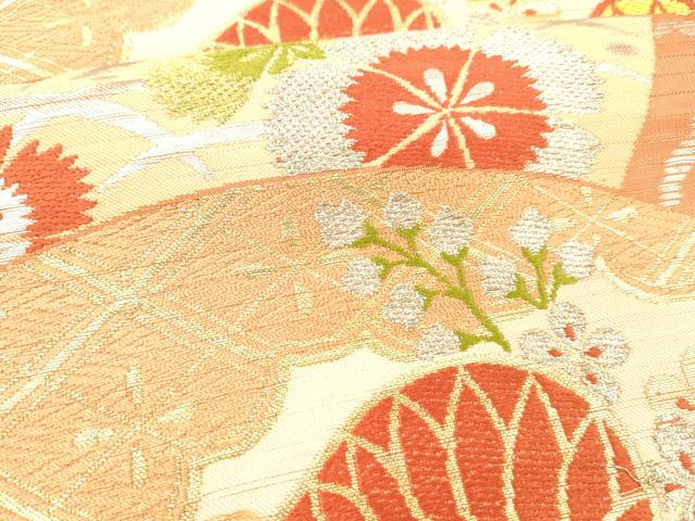 平和屋着物＊夏物 アンティーク 大正ロマン 丸帯 唐織 扇面草花文 金銀糸 正絹 逸品 DABC8940cm