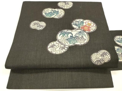 平和屋着物＊夏物 九寸名古屋帯 型染 飛鳥花蝶文 黒地 正絹 逸品 DABC8942cm