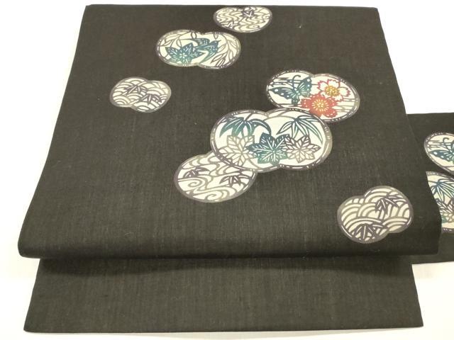 平和屋着物＊夏物 九寸名古屋帯 型染 飛鳥花蝶文 黒地 正絹 逸品 DABC8942cm