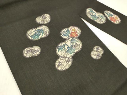 平和屋着物＊夏物 九寸名古屋帯 型染 飛鳥花蝶文 黒地 正絹 逸品 DABC8942cm