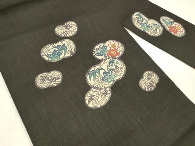 平和屋着物＊夏物 九寸名古屋帯 型染 飛鳥花蝶文 黒地 正絹 逸品 DABC8942cm
