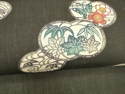平和屋着物＊夏物 九寸名古屋帯 型染 飛鳥花蝶文 黒地 正絹 逸品 DABC8942cm