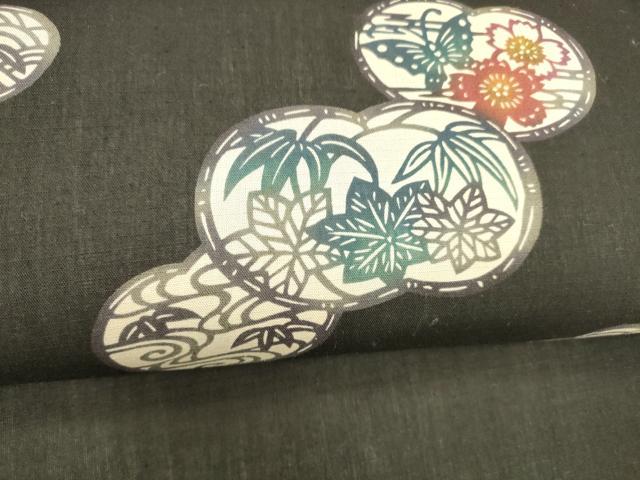 平和屋着物＊夏物 九寸名古屋帯 型染 飛鳥花蝶文 黒地 正絹 逸品 DABC8942cm