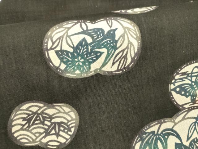 平和屋着物＊夏物 九寸名古屋帯 型染 飛鳥花蝶文 黒地 正絹 逸品 DABC8942cm