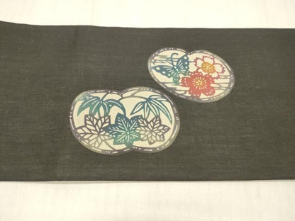 平和屋着物＊夏物 九寸名古屋帯 型染 飛鳥花蝶文 黒地 正絹 逸品 DABC8942cm