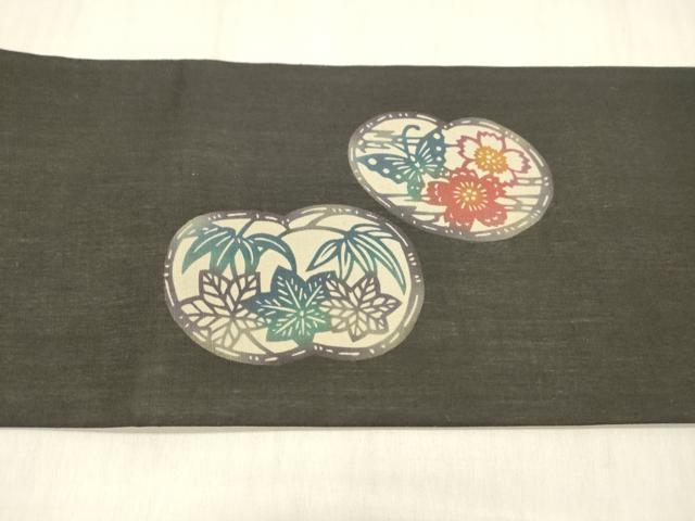 平和屋着物＊夏物 九寸名古屋帯 型染 飛鳥花蝶文 黒地 正絹 逸品 DABC8942cm