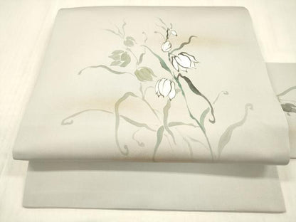 平和屋着物●九寸名古屋帯　作家物　手描き　草花文　金彩　正絹　逸品　DABC8948cm