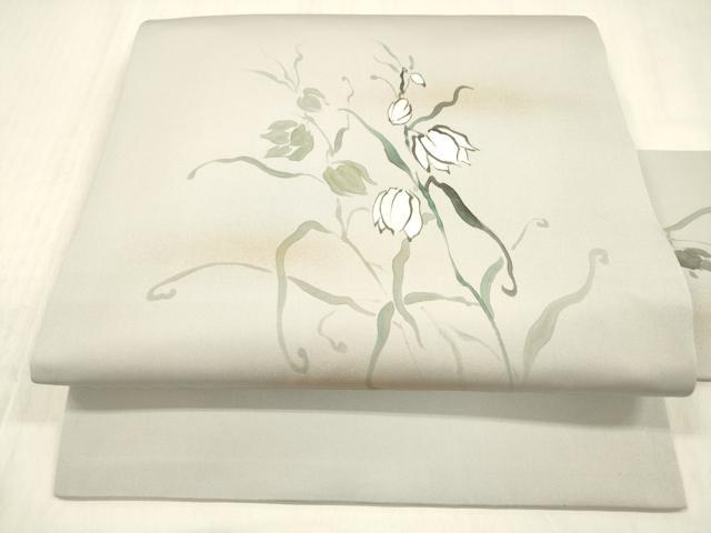 平和屋着物●九寸名古屋帯　作家物　手描き　草花文　金彩　正絹　逸品　DABC8948cm