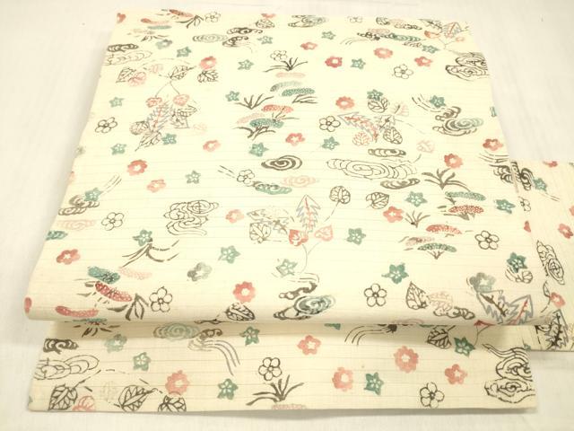 平和屋着物＊夏物 九寸名古屋帯 絽縮緬 型染 草花文 正絹 逸品 DABC8958cm