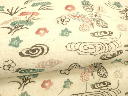 平和屋着物＊夏物 九寸名古屋帯 絽縮緬 型染 草花文 正絹 逸品 DABC8958cm