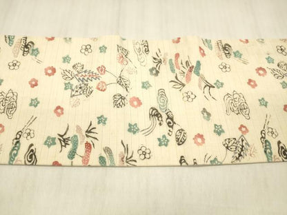 平和屋着物＊夏物 九寸名古屋帯 絽縮緬 型染 草花文 正絹 逸品 DABC8958cm