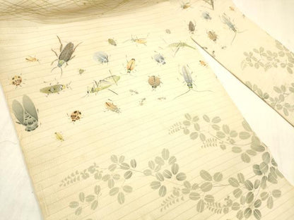 平和屋着物＊夏物 アンティーク 大正ロマン 九寸名古屋帯 絽縮緬 手描き 夏虫草葉文 正絹 逸品 DABC8959cm
